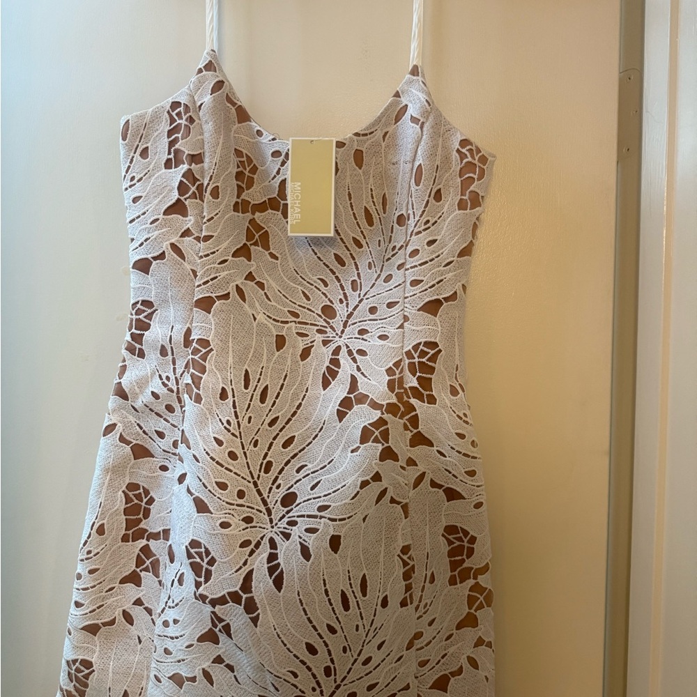 Michael Kors Cream and Brown Leaf Pattern Mini Dress